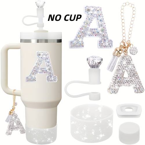 6pcs cup accessory set suitable for 30oz 40oz glass cups with handles white additions including diamond straw cap boots spill proof stopper handle pendant pearl letter sticker no cup