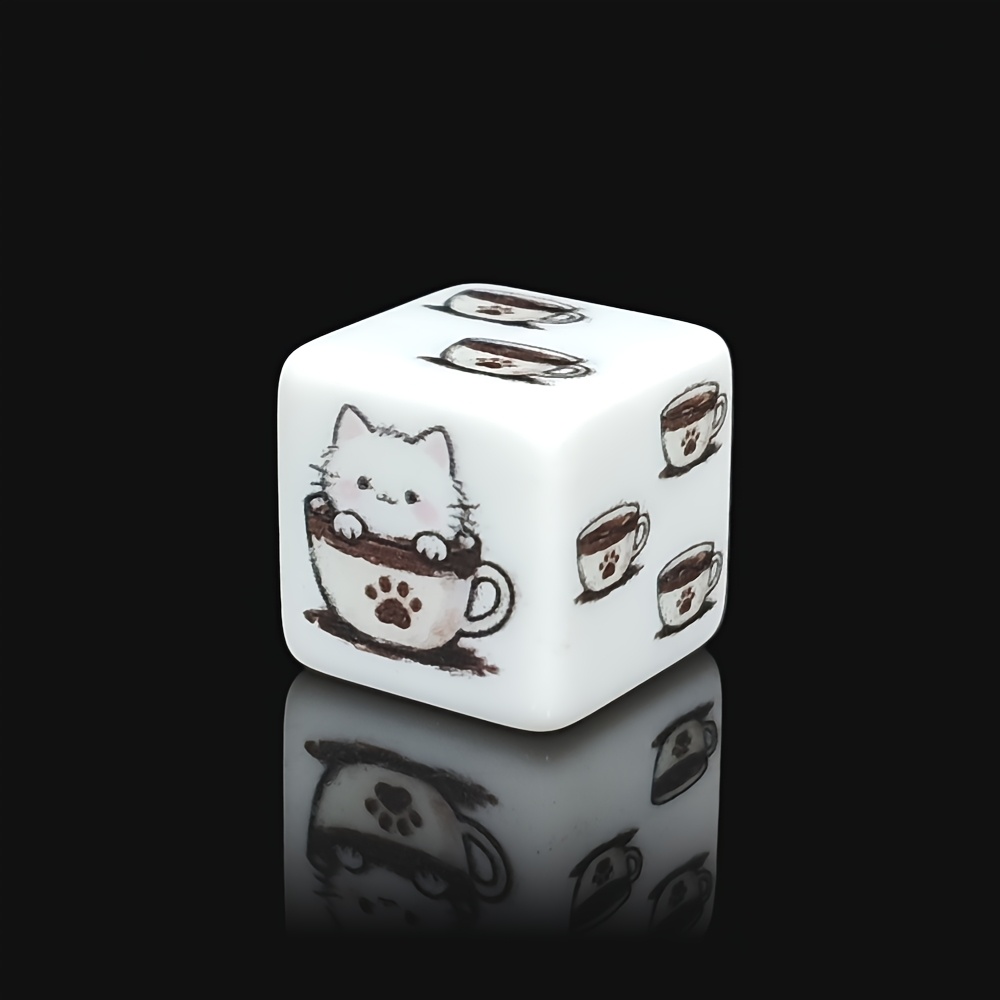 6pcs/Set 16mm Acrylic D6 Dice with Cat in Coffee Cup Pattern