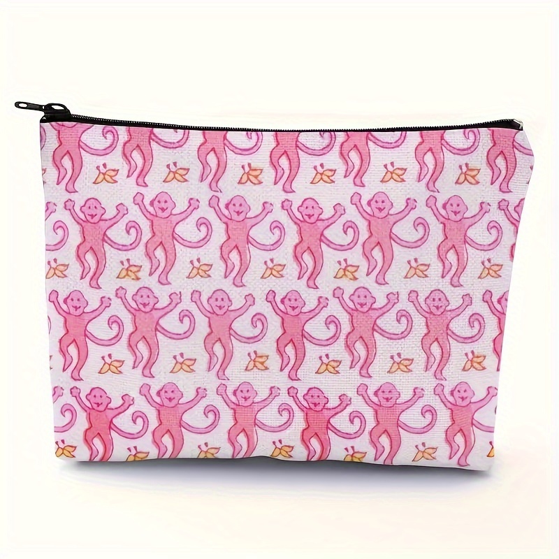 

1pc Cute Pink Monkeys Print Makeup Bag - Travel Toiletry Organizer For Women, Perfect Gift For Animal Lovers