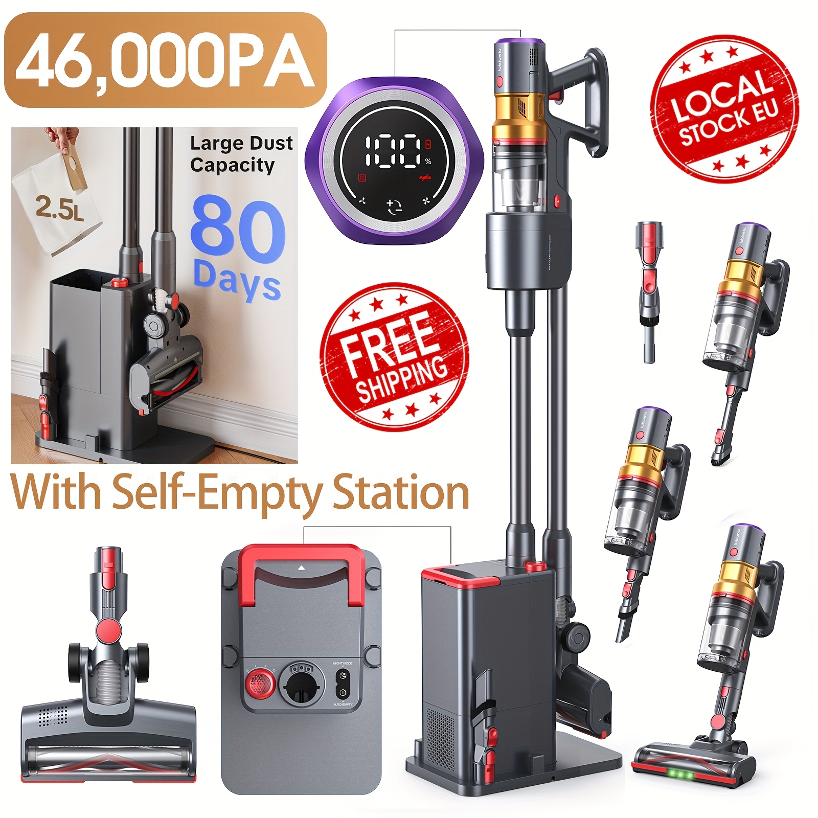 E-shop Lubluelu Akku-Staubsauger, 46Kpa Starker Saugkraft, 80 Tage Selbstentleerende Station, 60 Minuten Laufzeit, -Haar-Verwicklung Plus, 6-Schicht
