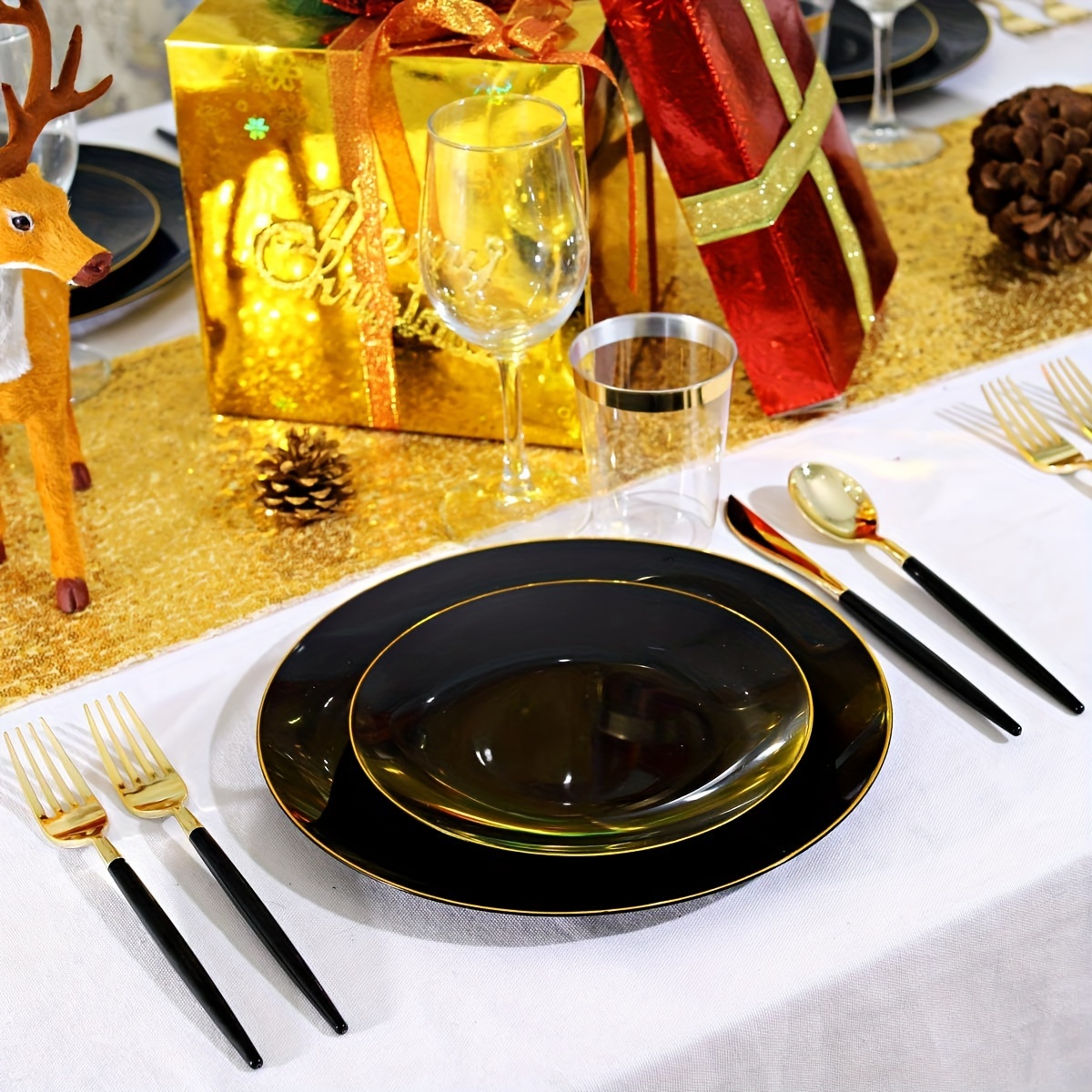 QZYL 50 SET Black/Gold Graduation Plates & Napkins, 2025 Design, Disposable, Microwave Safe, Dinner & Dessert Paper Plates, Forks, Modern Style