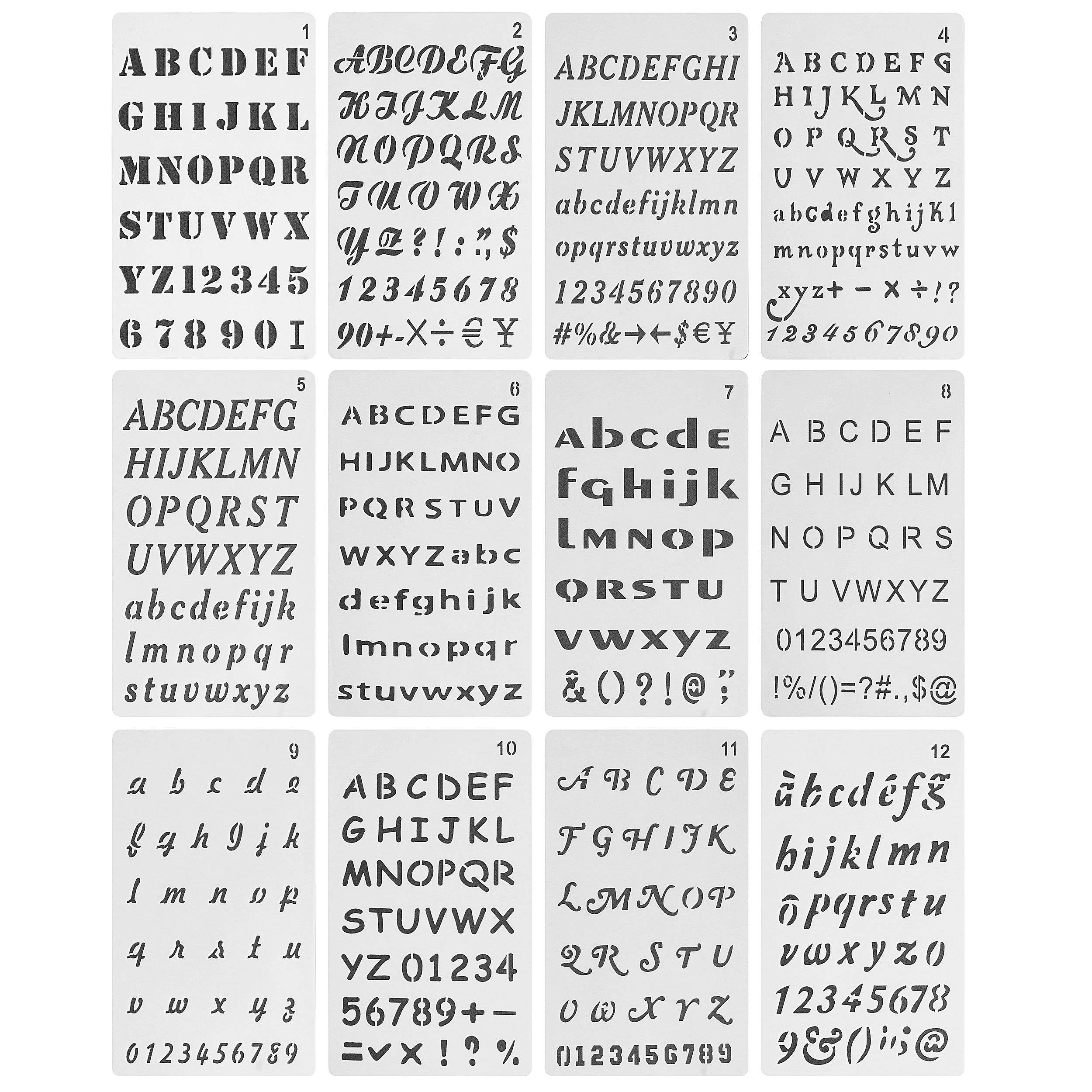

12-pack English Alphabet Stencil Templates 4x7 Inches, Diy Plastic Letter And Number Stencils For Journaling, Multiple Font Styles With Punctuation Symbols