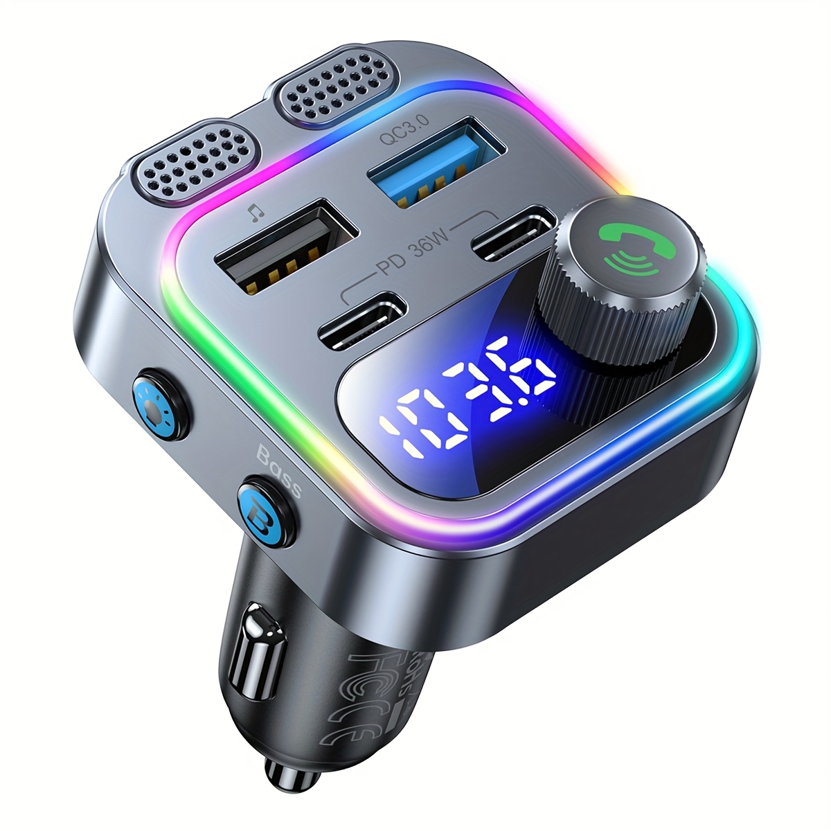 Image of Car Fm Transmitter Wireless Handsfree Calling Car Kit Type C Dual Pd36w Usb Qc3.0 Fast Charging Dual Usb Car Charger Support Usb Flash Drive Car Mp3 Player, Without Battery