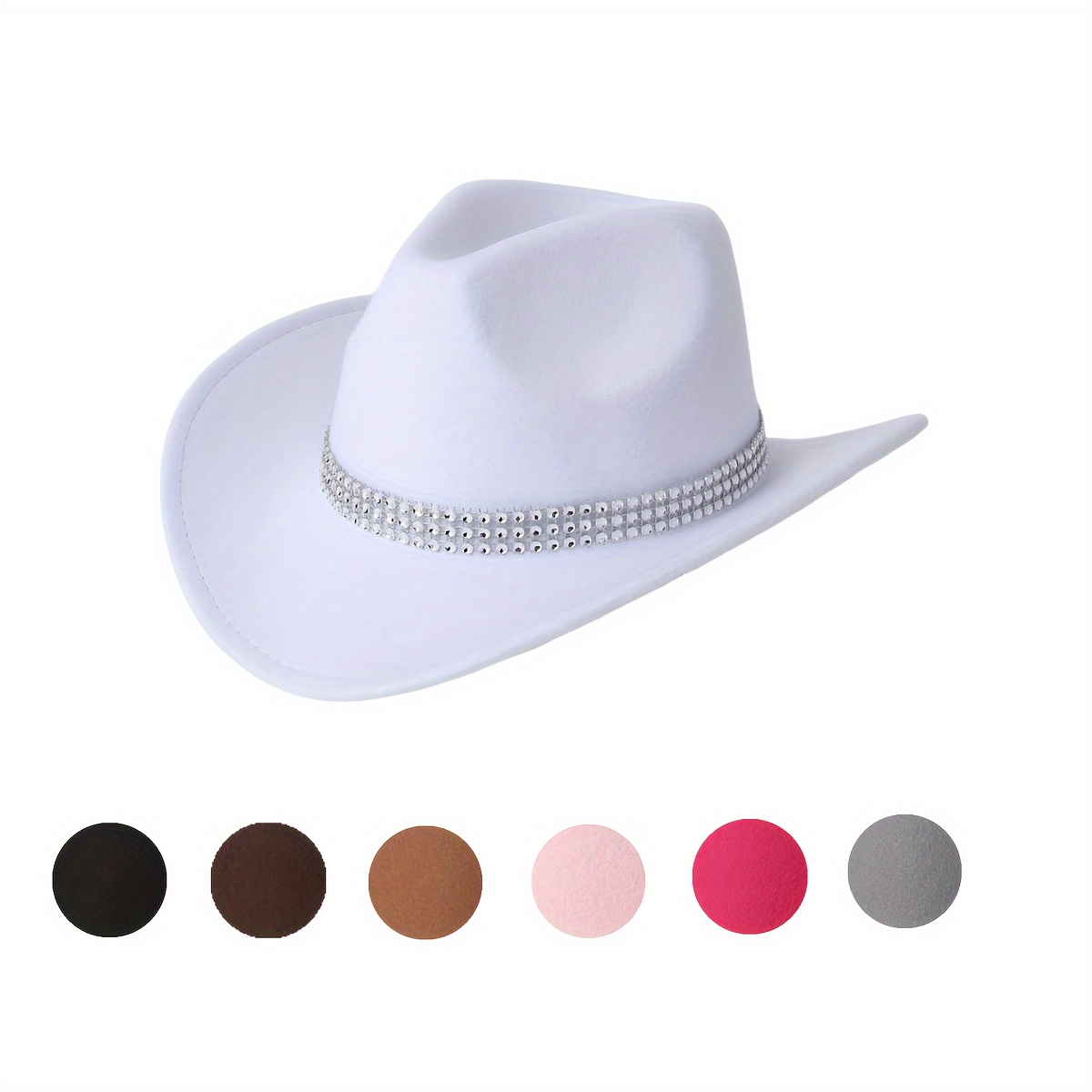 

Unisex Felt Cowboy Hat With Rhinestone Band, Simple Wide Brim Fedora Hat For Party, Performance, And Festive Events