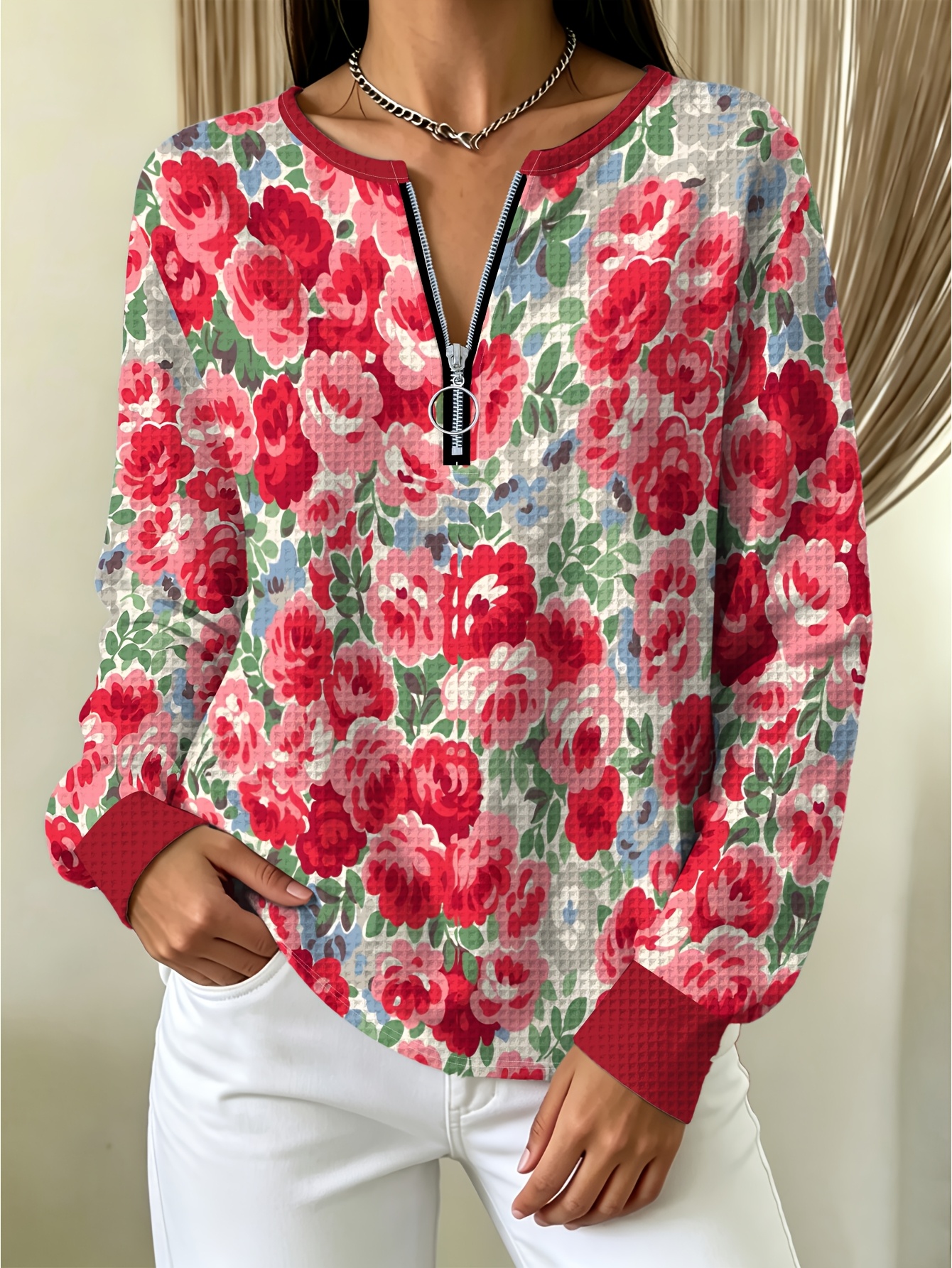 plus size beige base with   roses waffle sweatshirt autumn winter long sleeve zip up crewneck vintage   sweatshirt