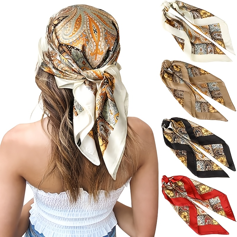 TEMU 4-pack Boho Style Polyester Square Scarves For Women - Elastic Bandana Headscarves, Woven Hair , Warm Decorative Head Wraps For Casual Weekend