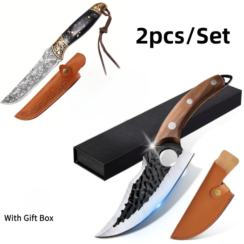 TEMU Set Of 2 Meat Cutting Knives With Sheath, Versatile High-'s Knife For Meat, Handcrafted, Non-slip Grip, Suitable For Kitchen, Outdoor Dining,