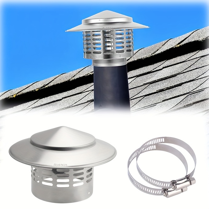 

Stainless Steel Chimney Cap & Duct Clamp Set - Windproof, Rainproof External Wall Hood With Adjustable Worm Drive Clamps For Heating, Ventilation & Exhaust (10.5cm-12.7cm)