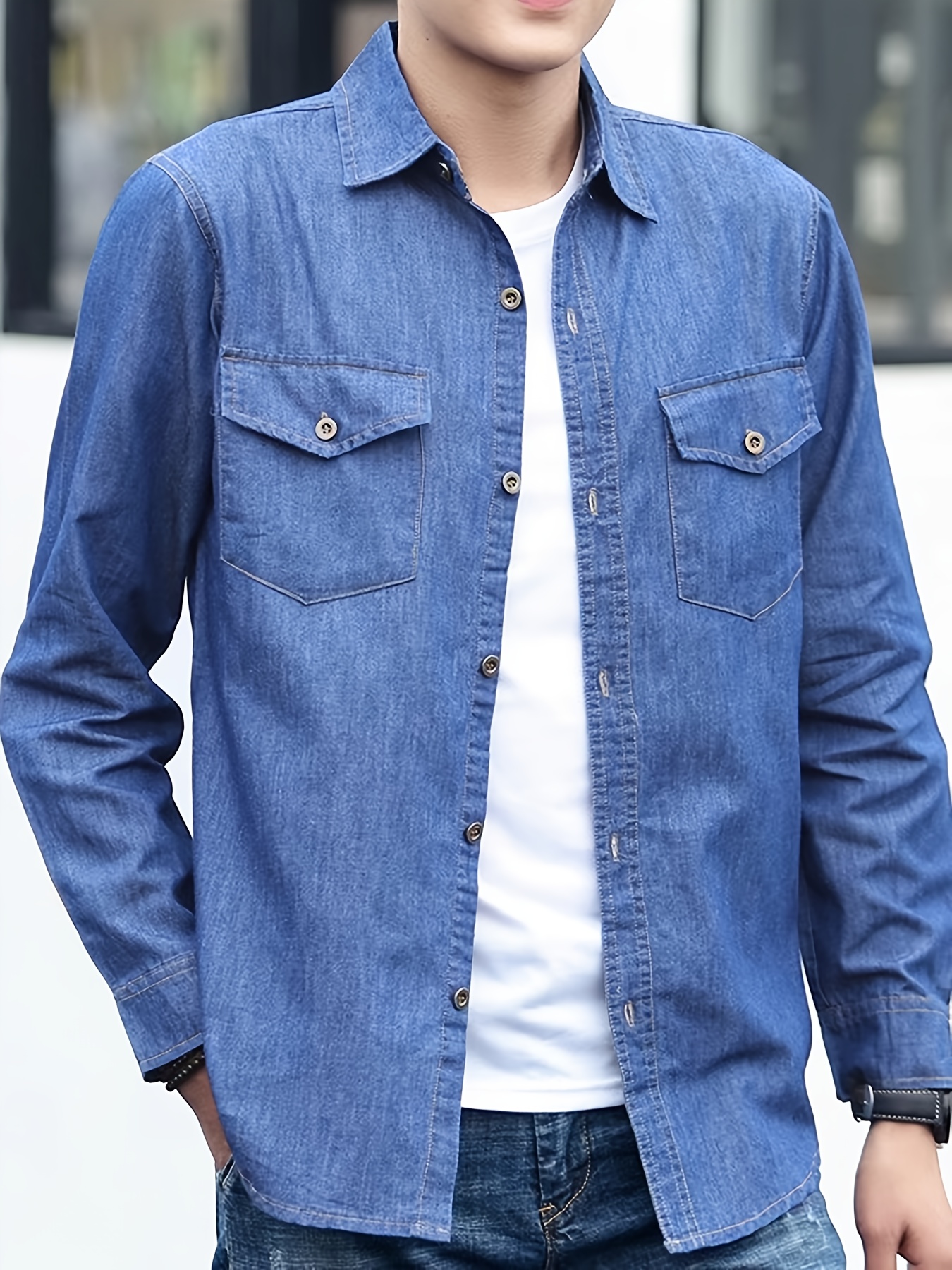 Korean Style Men's Long Sleeve Thin Fit Casual Denim Shirt for Spring and Autumn, Workwear Jacket