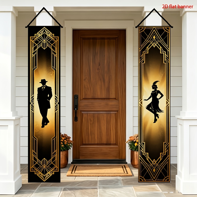 TEMU Plat 2D, Bannière Plate 2D, 2pcs Bannière de Porche Silhouette de Boule Noire et Dorée Art Déco Vintage, 30*180cm, à Double Panneau Vertical,