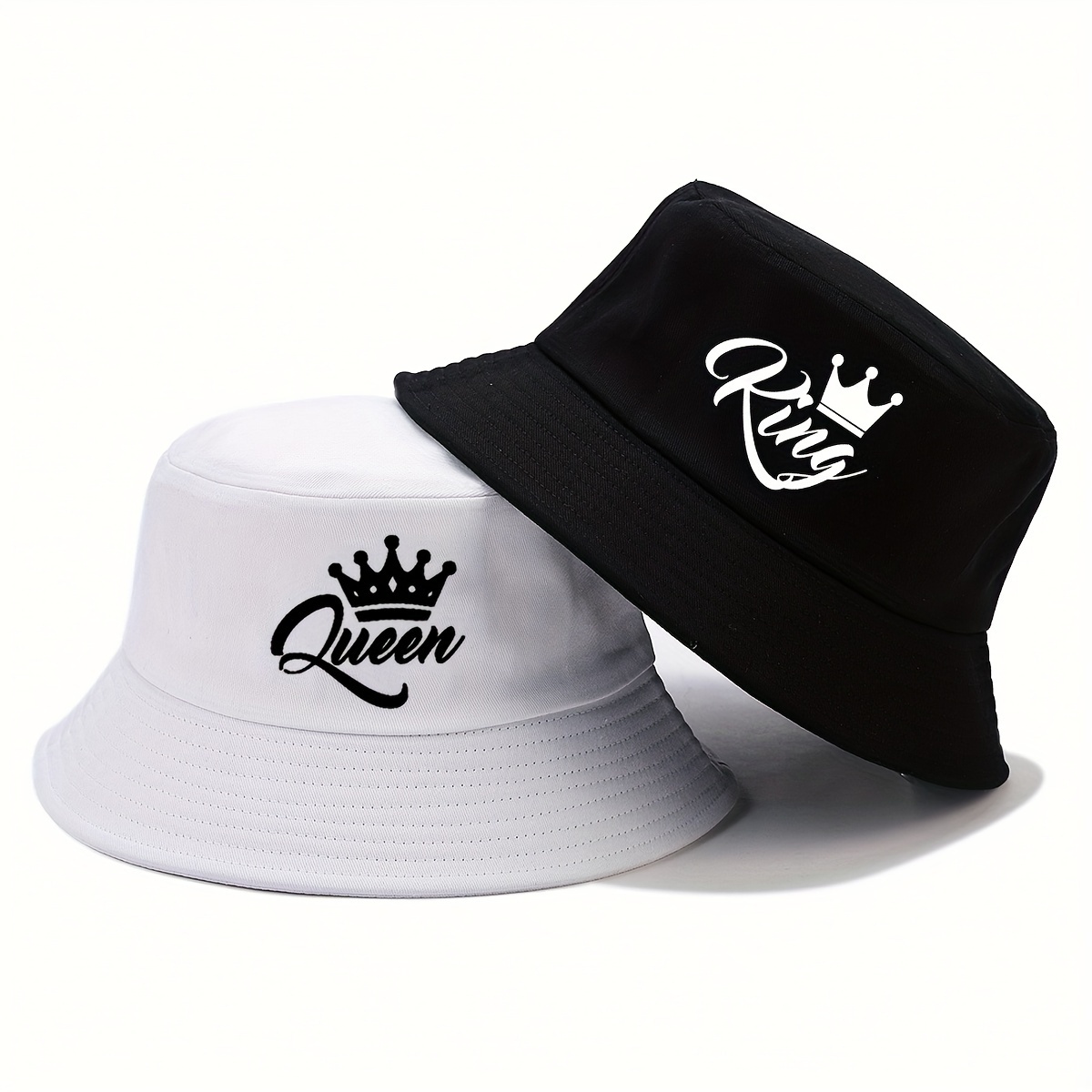 

1pc 'king' & 'queen' Crown Design Bucket Hat, Unisex Breathable Sun Protection Hat, Outdoor Travel Foldable Fisherman Cap For Couples