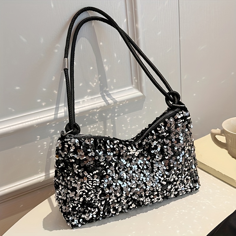 

Black Sequin Decor Shoulder Zipper Bag, All-match Classic Versatile Handbag For Women, Glitter Underarm Bag For Music Festival