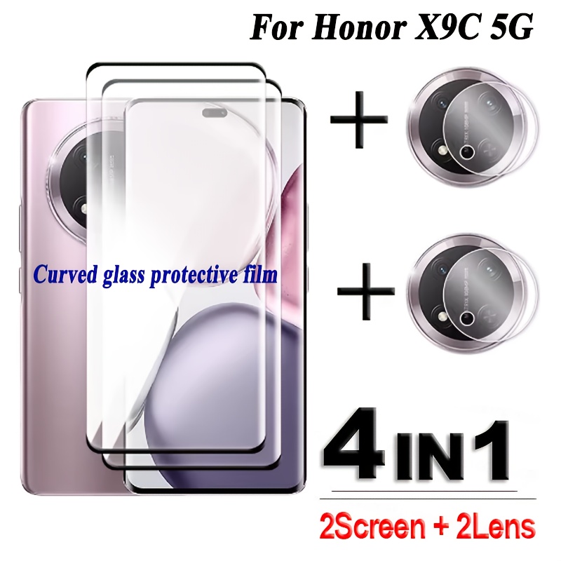 

Protection d'écran en verre trempé pour Honor X9c 5G, couverture complète incurvée 3D, , 4 en 1 avec 2 écrans de rechange et 2 lentilles de caméra, film d'écran aux rayures