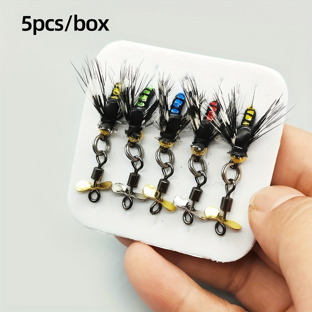 

5-piece Premium Carbon Steel Fly Fishing Lures With Spiral Propeller & Sequin Accents - Ideal For Trout, Includes Waterproof Storage Box