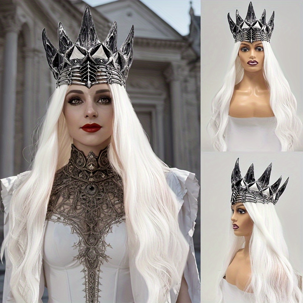 

Queen Wig With Crown, Dark Series, White Hairpiece With Crown, Halloween Costume, Women's Cosplay Wig, No-glue, Style, Cap