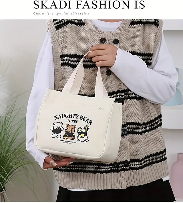 stylish minimalist tote bag with print lightweight zippered closure fixed shoulder straps cream white khaki black and casual casual tote bag material details 6