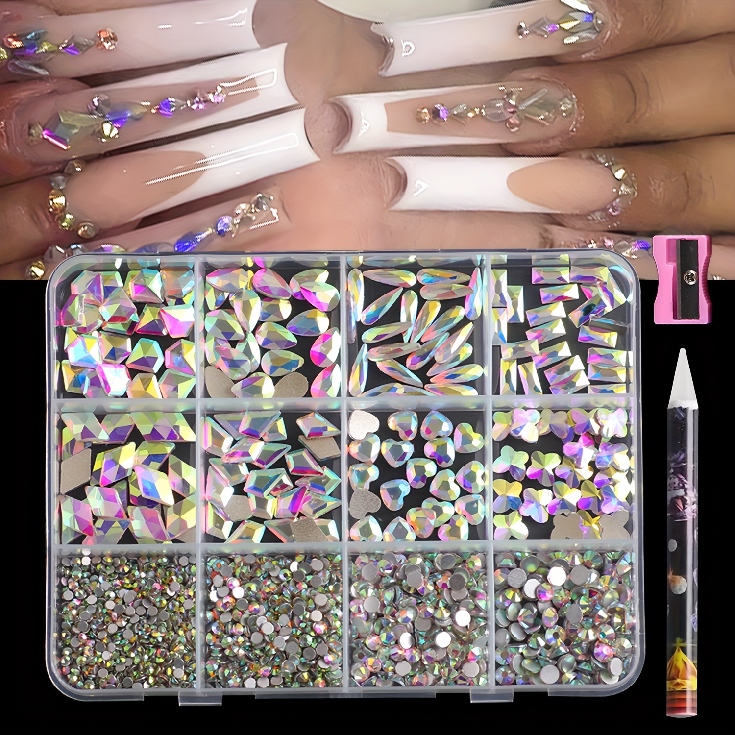 

1 Box Of 12 Grids, Multi -shaped Champagne -colored Glass Nail Diamond Fantasy Stones, Flat Diamond -type Mixed Diamond Mixed Round Glass Diamond Decoration Nail Art Charm Diy Nails Tool