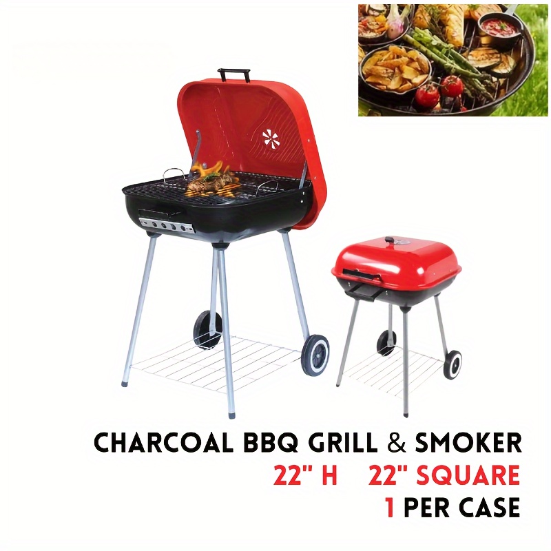 

22inch Charcoal Bbq Grill Square For Outdoor Cooking, Barbecue Coal Kettle Bowl Grill Portable Heavy Duty Round With Legs Grilling For Tailgating Patio Backyard Camping - Red