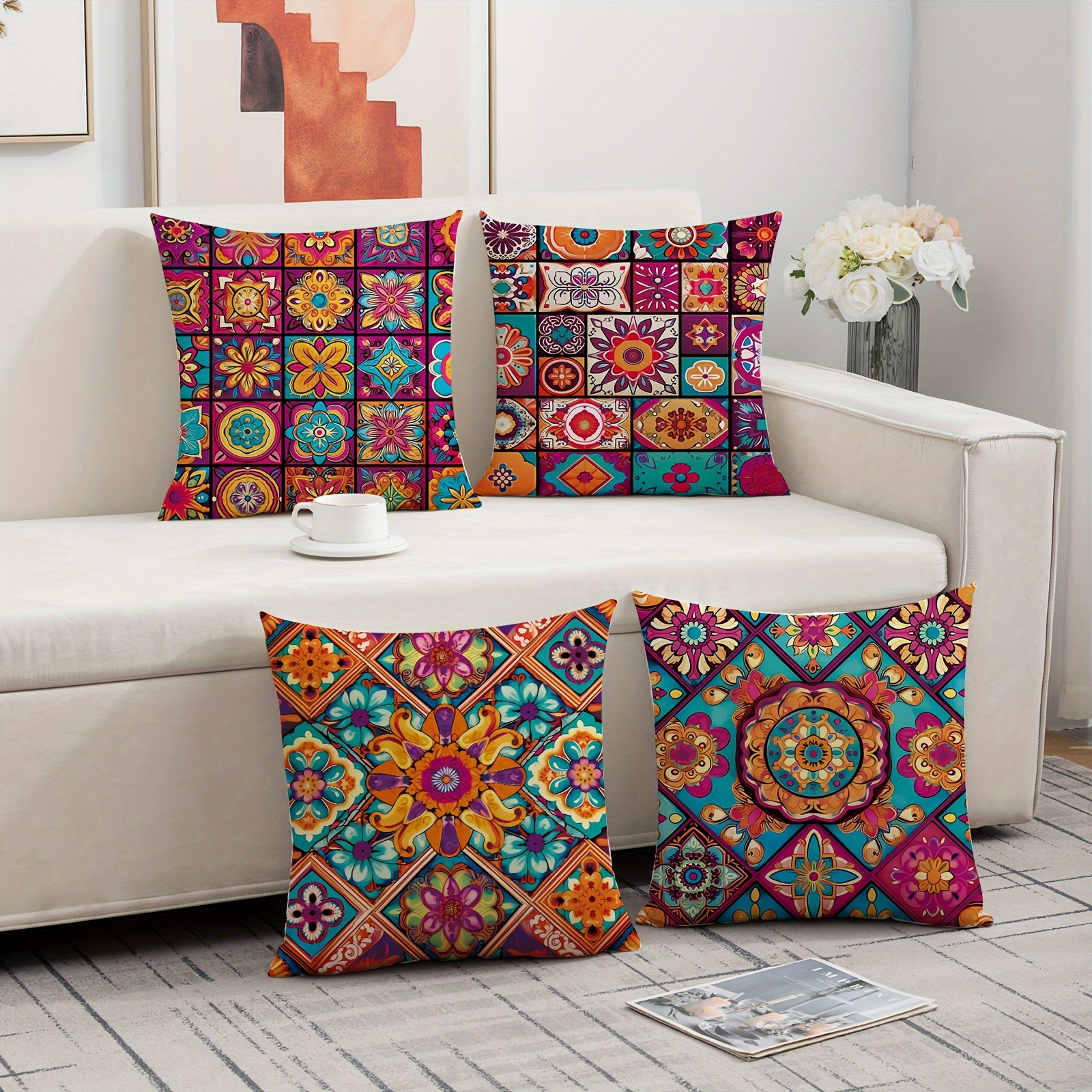 

4 housses de coussin de style bohème, 45x45 cm, motif ethnique traditionnel mandala coloré, taies d'oreiller décoratives pour canapé, hôtel, décoration de maison d'hôtes