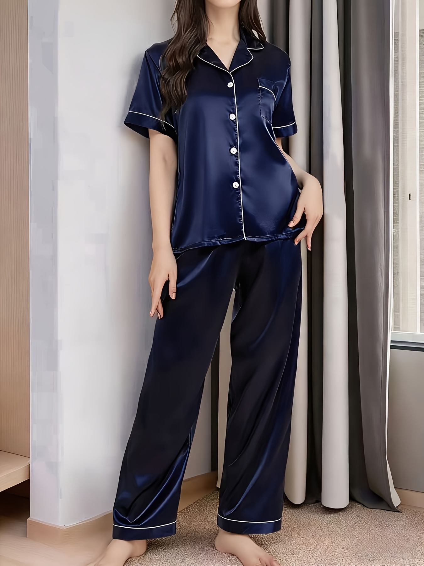 satin spring and summer loungewear for women featuring short sleeves long pants a easy design and a collared cardigan Product details 8