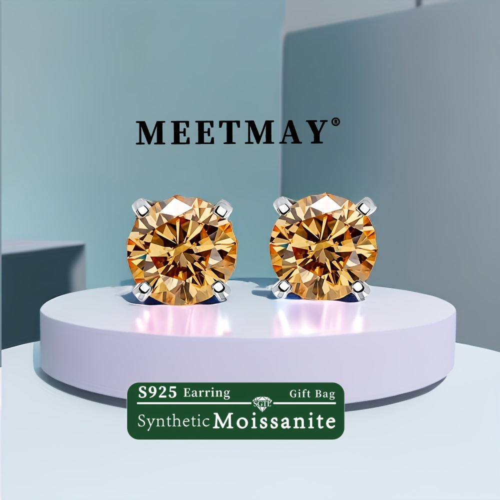 TEMU Élégantes boucles d'oreilles en argent S925 avec quatre griffes, moissanite jaune champagne | Tendance et faciles à , plaqué argent 925,