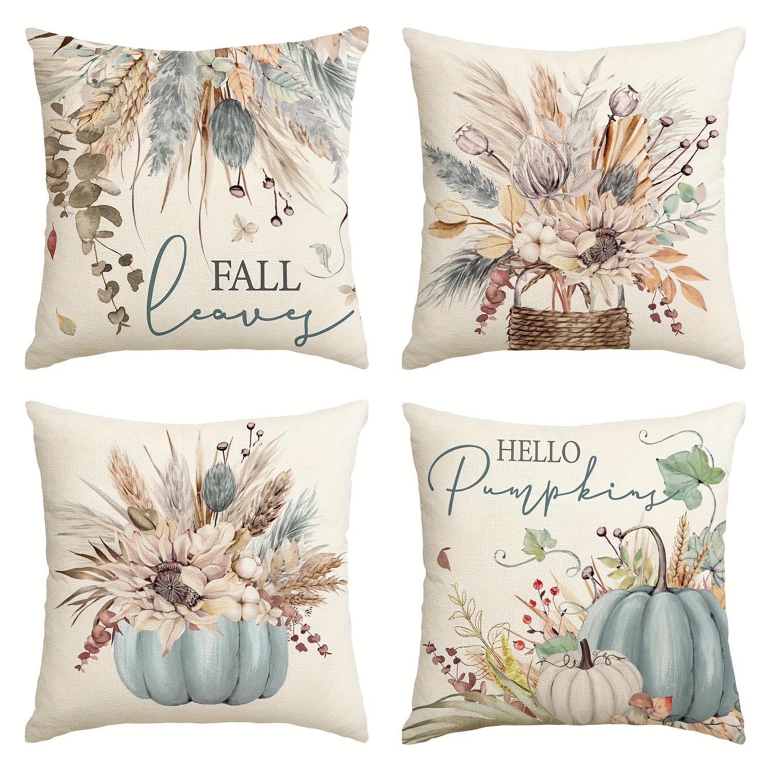 

4pcs, Fall Pumpkin Wheat Cotton Jar Fall Thanksgiving Throw Pillow Cover, 18 X 18 Inch Seasonal Blue Sofa Cushion Cover