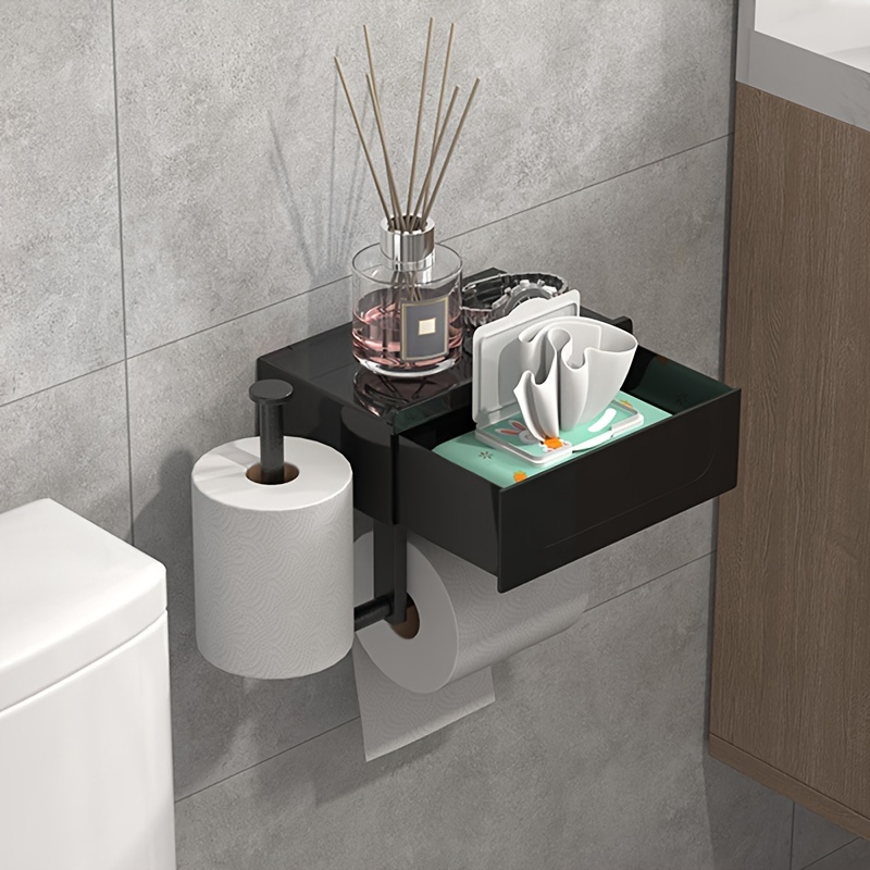 

Black Wall-mounted Tissue Holder With Drawer - Waterproof, Multi-functional Bathroom Organizer For Toilet Paper & Wipes
