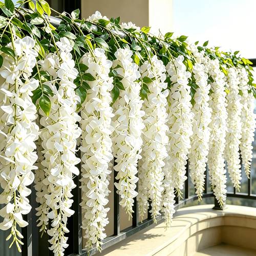 32 white wisteria hanging set meticulously to form of flower clusters with vitality made from high quality durable plastic waterproof sun resistant and fade resistant it withstands all