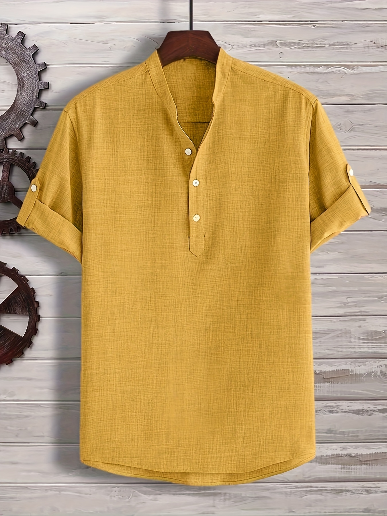 Men's Solid Color Henley Collar Short Sleeve Shirt, PLUS SIZE