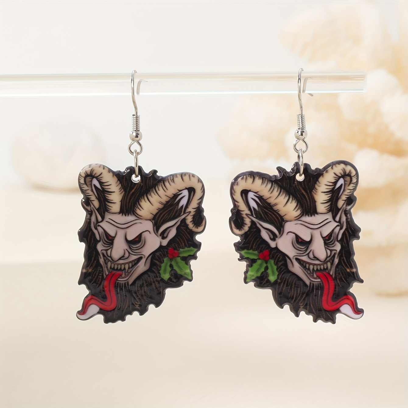 

Pair Of Christmas Monster Acrylic Dangle Earrings With Holly Accent - Cute Gothic Style, White Golden Plated Hooks For Casual Attire & , Christmas Earrings