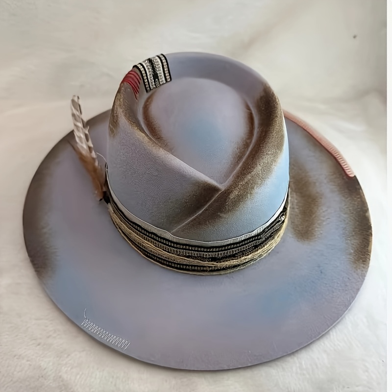 TEMU This Vintage Distressed Cowboy Hat Is Hand-polished And Washed. A Wide-brimmed Cowboy Hat With Western Embroidery And A Retro Distressed Finish