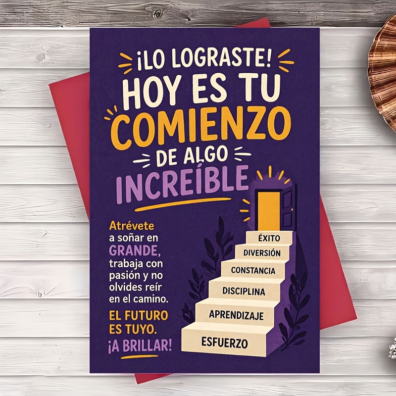 TEMU Un Sobre y Una Tarjeta de Felicitación Motivacional en Español para Graduación, Éxito Profesional y