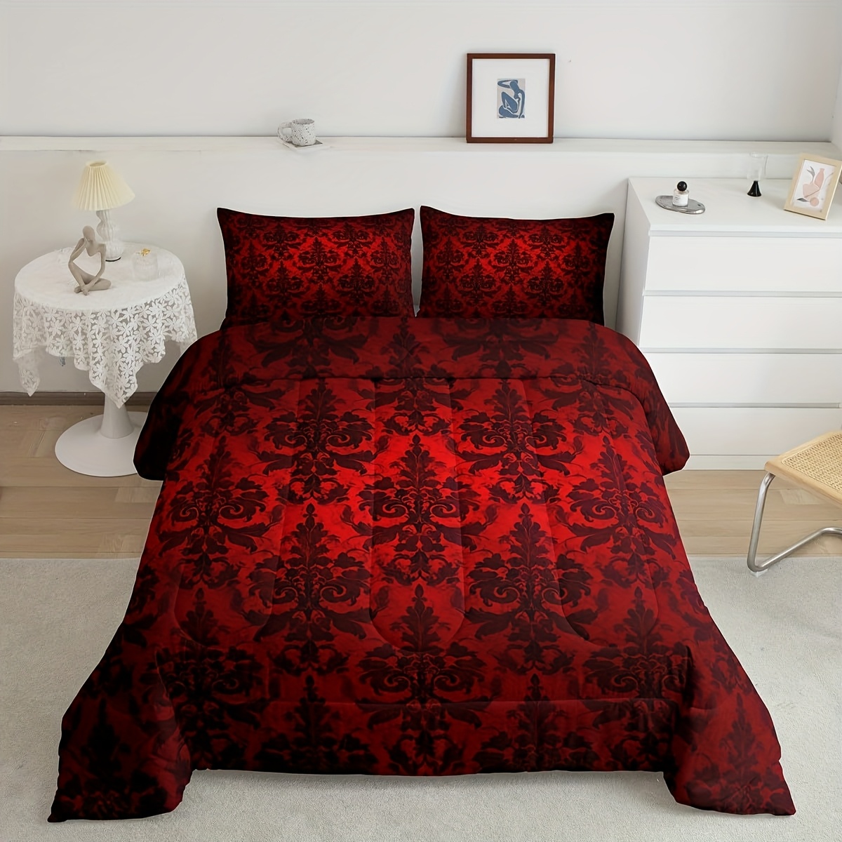 Erosebridal Skull Red Roses Bedding Set King Black Damask Floral Gothic Bedding Comforter Sets Halloween Skull Skeleton Comforter Set Adults,Goth Hippie Skull Quilt Set White