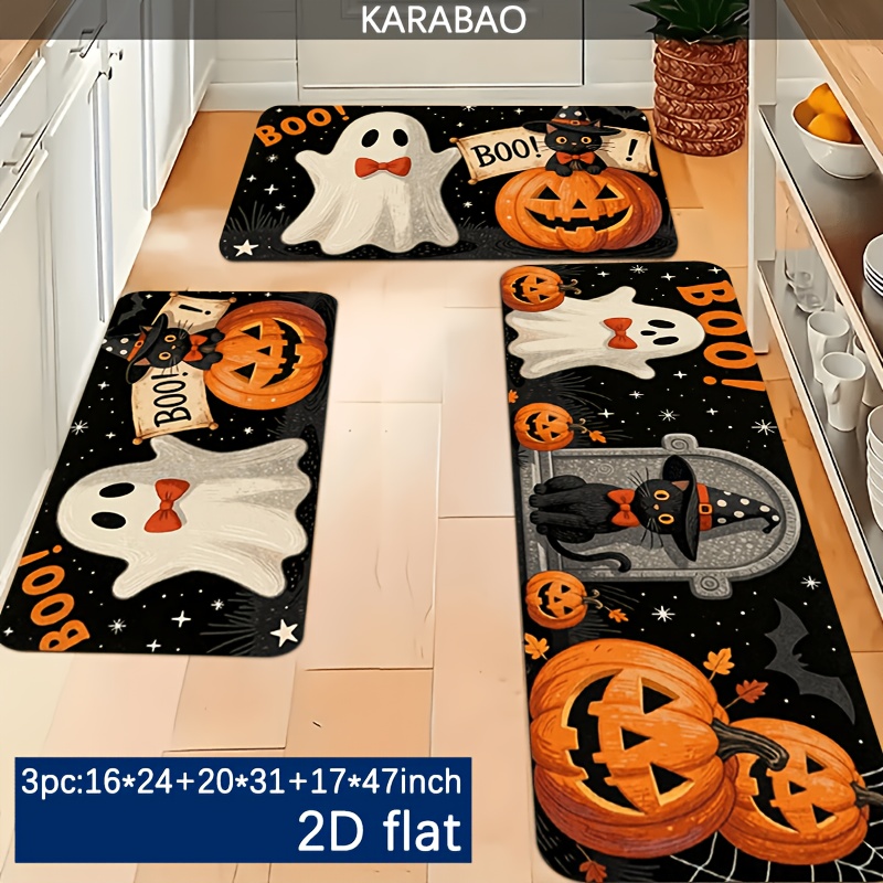 TEMU 2/3pcs Halloween-themed Mat Set: , Black Cat, Jack-o'-lantern And Tombstone Patterns, Strong Festive Atmosphere, Soft Fleece Material, Thickness