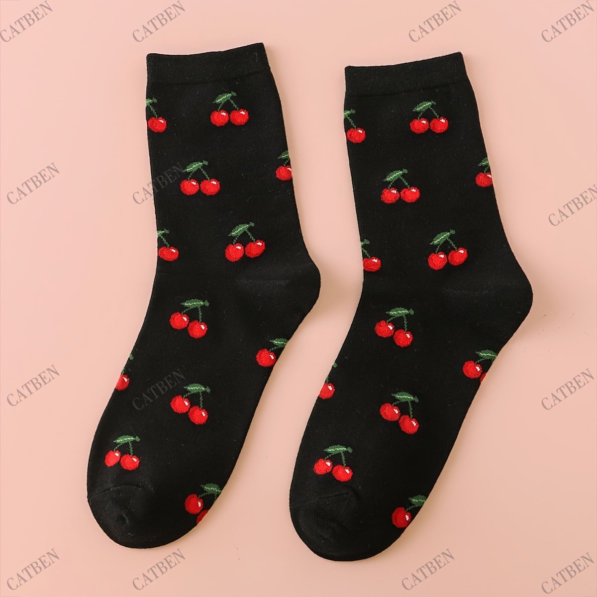 1 Pair Black Socks Cherry Socks Cute Socks Lovely Socks Sweet Socks For Women Gifts Socks For Friend Gift For Birthday Party Crazy Casual Socks For Back To Winter Warm Socks Trendy Socks