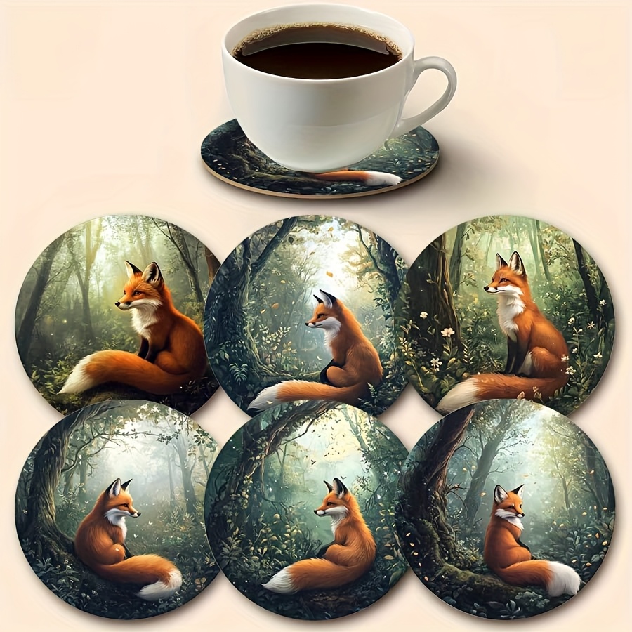 TEMU 6pcs Fox Pattern Wooden Coasters, Non-slip Heat Insulation Mats, Tabletop Protectors Suitable For Water Glasses, Bars, Cafes, Offices, Kitchens,