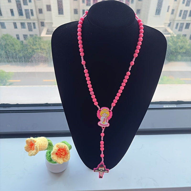 Pink Prayer Beads with Simple Rosary Cross Pendant, Gift
