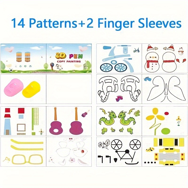 3d Printer Drawing Molds Paper Stencils For 3d Printing Pen, Printing Paper Painting Graffiti Template For 3d Pen Gift, 14 Patterns With 2 Finger Sleeves, For Halloween And Christmas Gift