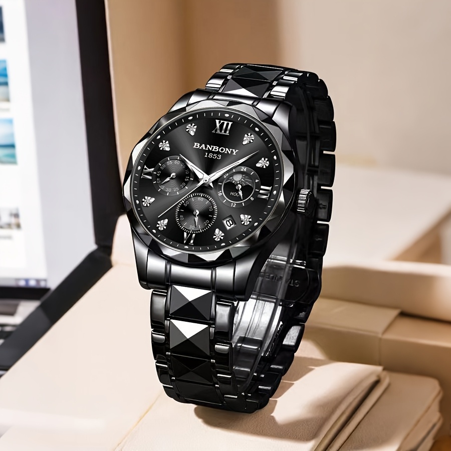 Banbony Men'S Quartz Watch Stainless Steel with Rhinestone Roman Numerals HD Large Dial Waterproof Luminous Display Date Calendar Multi-Function Silent Watch Fashionable Appearance Men'S Luxury Gift for Birthday, Family Gathering, Party