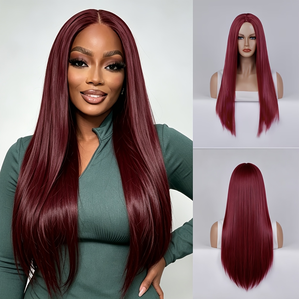 Image of A 26-inch Burgundy Red Long Straight Wig, Heat-resistant Fiber, Middle Part, Suitable For All Races Of Women's , Suitable For Daily Wear, Parties, Cosplay, And Halloween Fashion Wigs