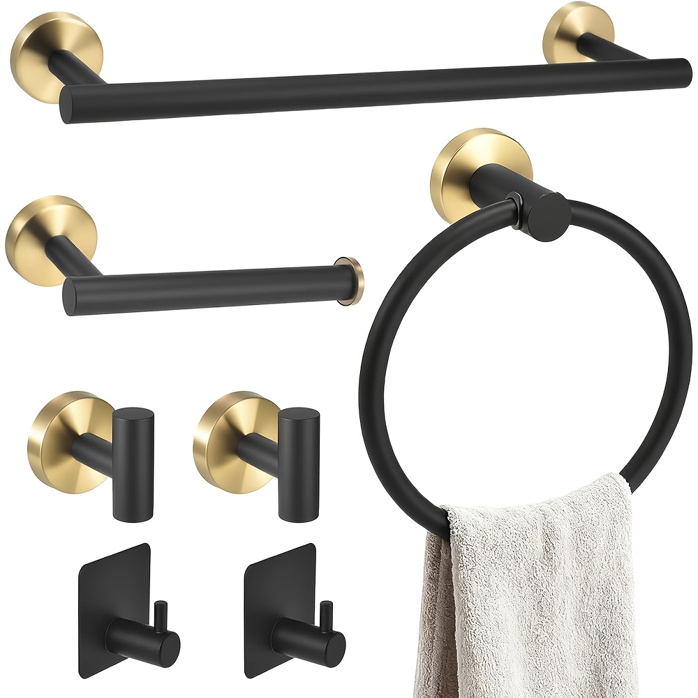 TEMU 7 pièces Ensemble Salle de Bain Noir et Doré, Acier Inoxydable Épaissi, Design Moderne Léger et Luxueux, Utilisation Multi-Scènes Incluant