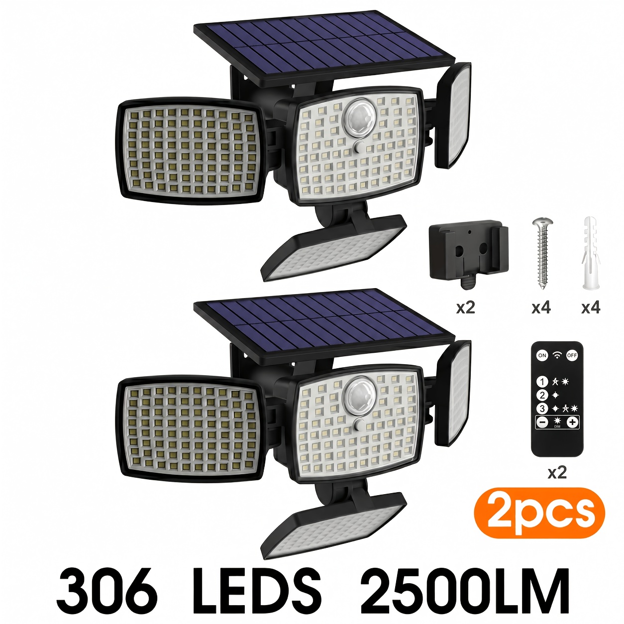 TEMU 4/2/1 Pack 4 Head Solar Light Outdoor With Motion Sensor 306led, 2500lm Solar Lights Outdoor With Remote Control, 270° Wide Angle Street Area