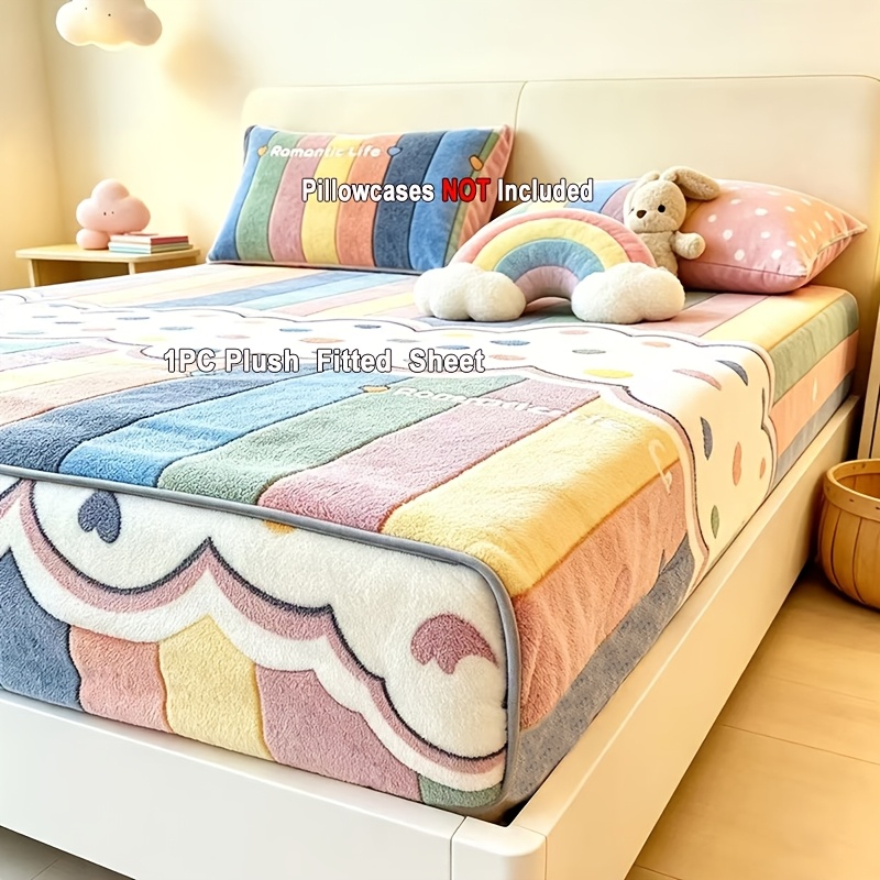 TEMU 1pc Soft Plush Fitted Sheet, Thickened Fluffy Mattress Cover, Single And Double Bed Size Bedding Bed Cover (pillowcases Not Included)