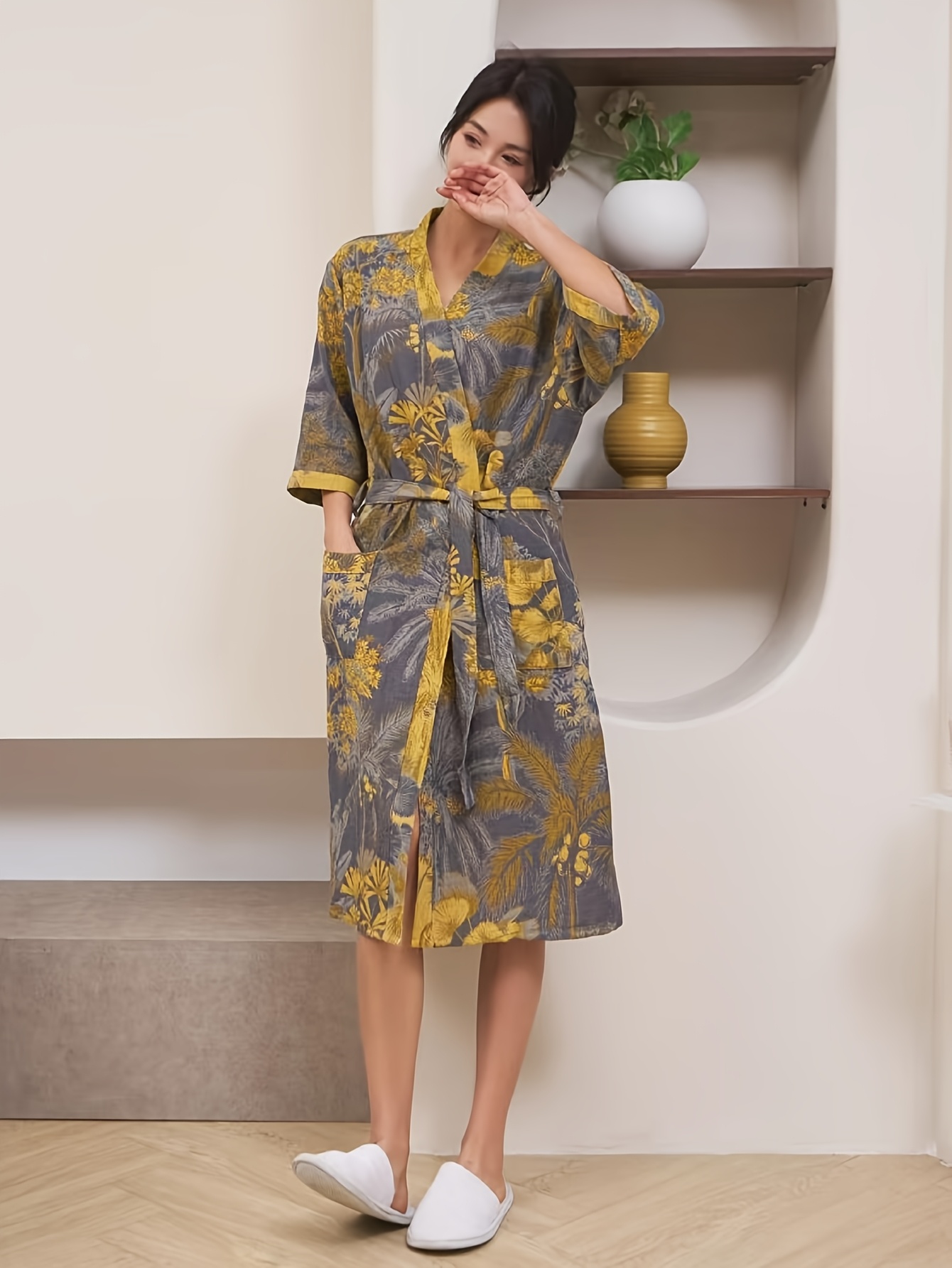 Women S Japanese Kimono Bathrobe - Elegant Floral Robe with Belt, Soft Non-Stretchy Fabric,   Lounge robe for Spa, Sleepwear, Home - Spring/Summer/Autumn Japanese Clothing, Kimono Style Robe, Spa Attire, Breathable Fabric, Summer Sleepwear, Lightweight Robe, Durable Construction, Sleepwear Robe, Sleepwear Lovers