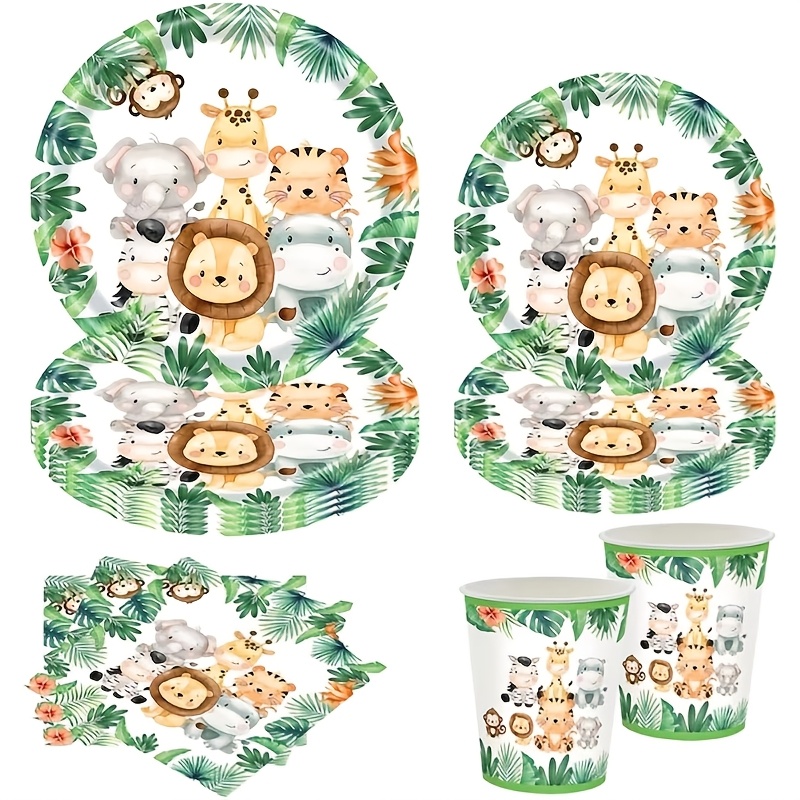 Image of 61pcs Jungle Animal Themed Party Set, Includes Party Plates, Cups, And Napkins, Suitable For Birthday Parties And Jungle Animal Decorations, Party Pack