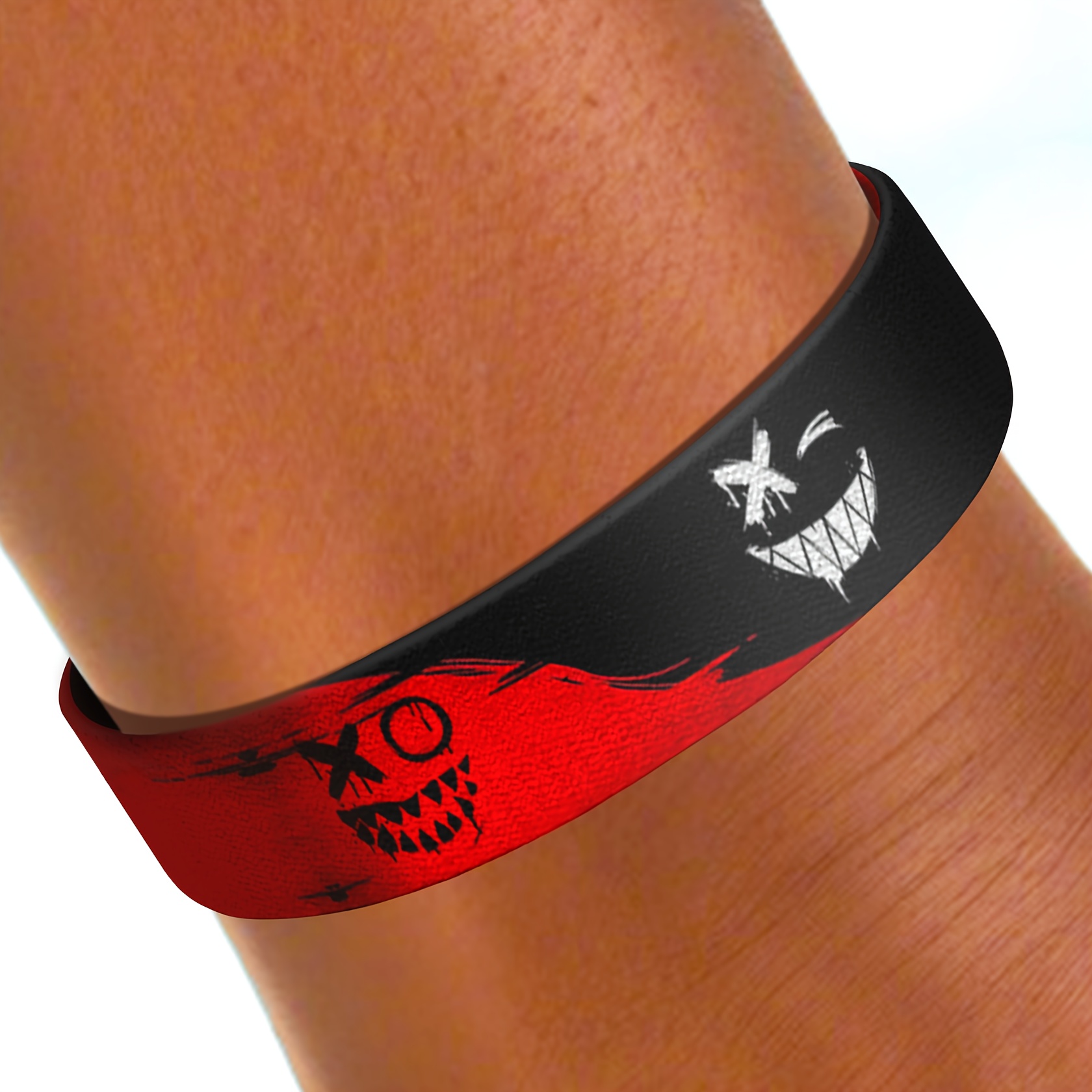 Image of 1pc Cerliy & Skull Wristband - Red/black Stretchable Elastic Band With Adjustable , Surf Bracelet For , Cute Bangle For Parties, Gym, Surfing, Wear - Unisex Gift