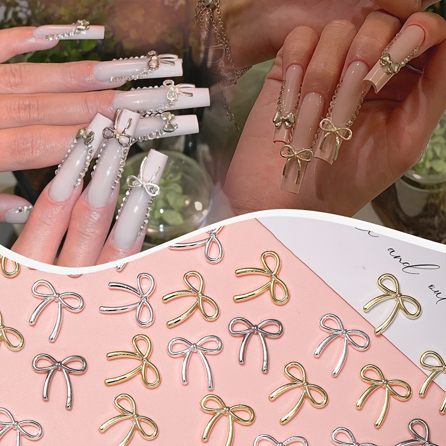 60 Stück Schleifen-Nail-Charms Aus Metall – Gold & Silber, 3D-Bögen Für Nagelkunst & DIY-Dekoration