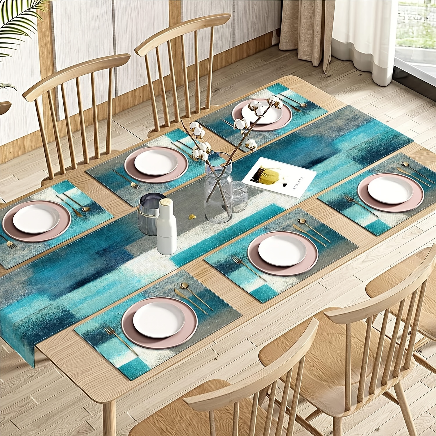 

A Set Of Farmhouse Table Runner And Placemats, Featuring Abstract Teal And Gray Painting Art For Table Decoration, Suitable For Use ( Runner 72 Inches Long And 6 Placemats).