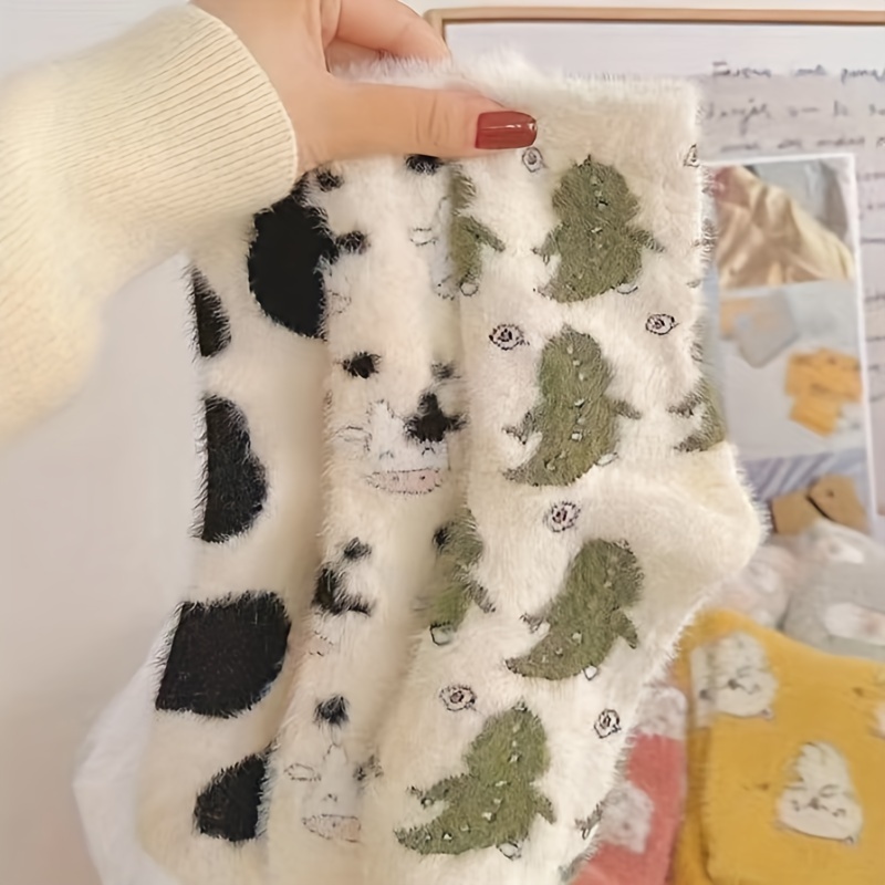 

3pcs Print Fuzzy Socks For Women - Warm, Soft Polyester Slipper Floor Socks, Machine Washable