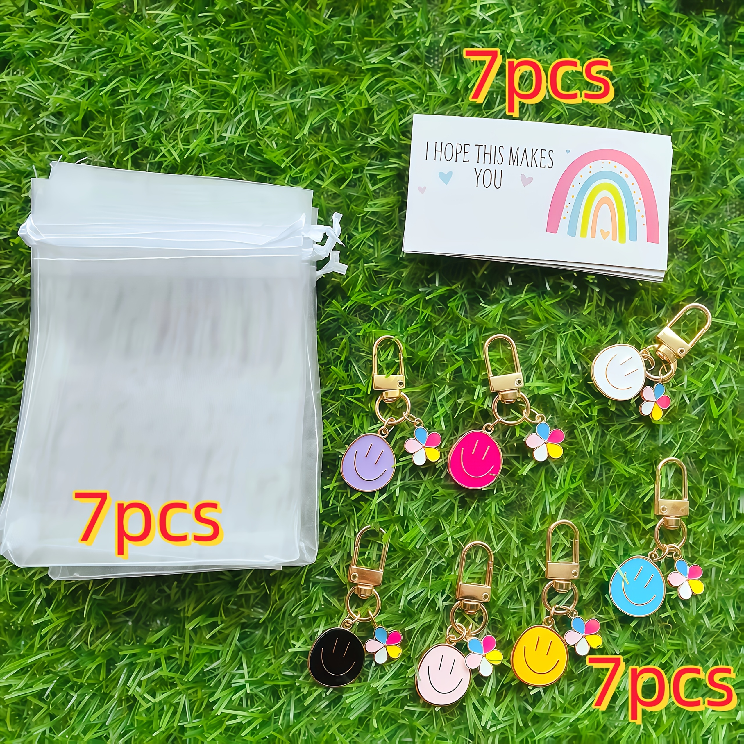 TEMU 21pcs Face Keychains - Colorful Cartoon Metal Key Charms With Card, Includes (7pcs Keychains, 7pcs Cards, 7pcs Gift Organza Bags) Keychains For
